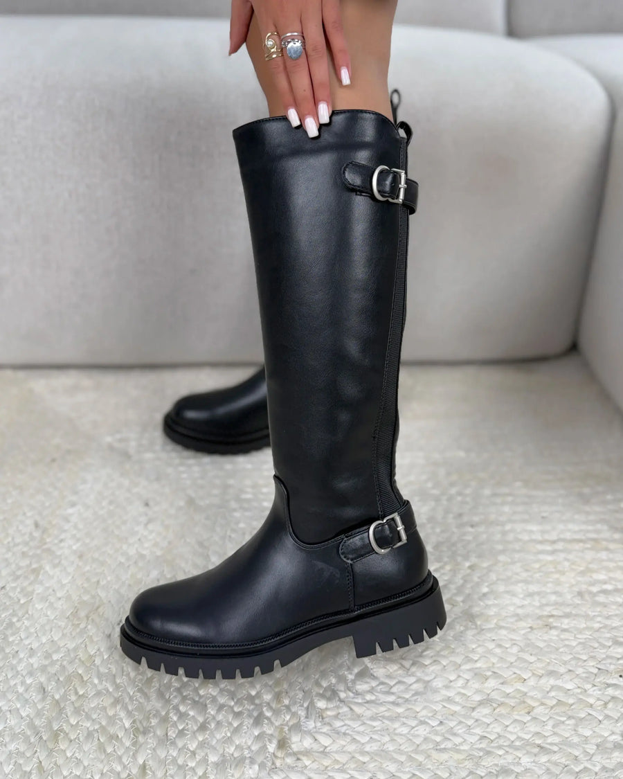 Double Buckle Stretch Boots - Zwart