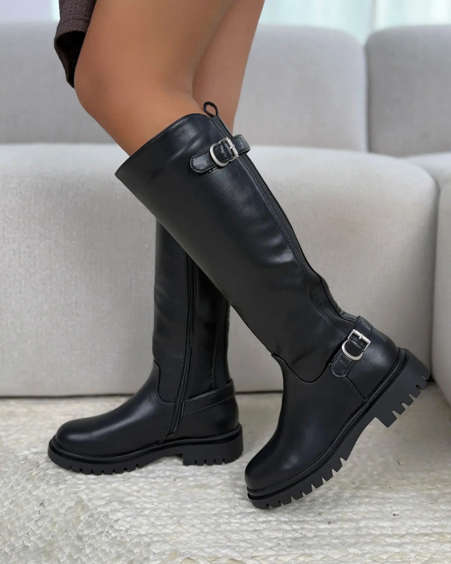 Double Buckle Stretch Boots - Zwart